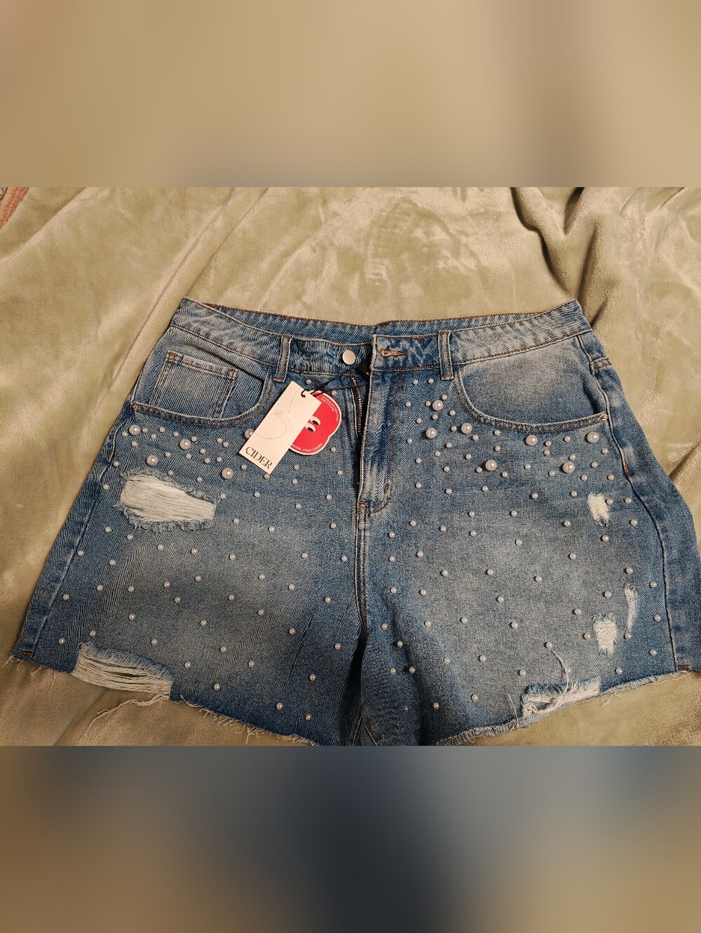 Cider Blue Pearl-Embellished Boyfriend Jeans Shorts